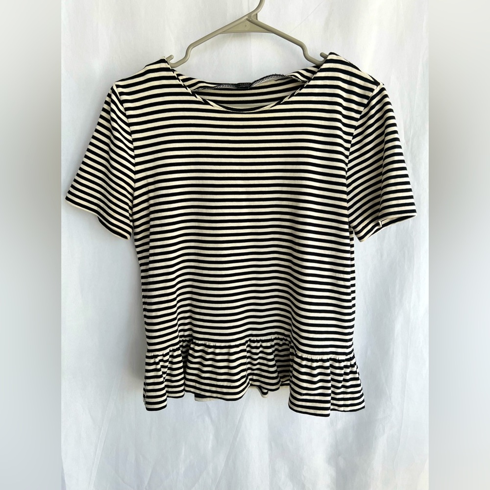 J. Crew Black and White Striped Peplum Top
